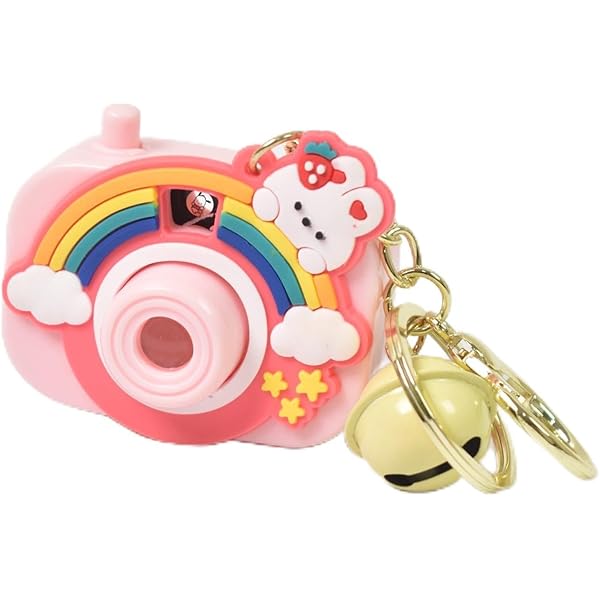 Cute LED Camera Keychain Toy with Bell | Cartoon Rainbow Camera Design Light-Up Keychain | Kids Bag & Key Accessory Gift