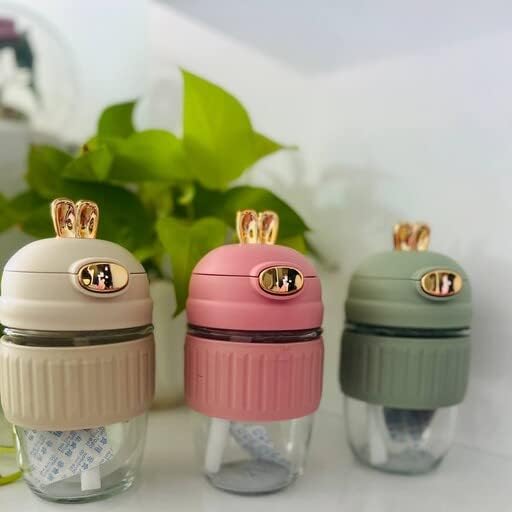 Rabbit Ear Glass Sipper Bottle with Straw | Cute Drinkware (Pink, Cream)