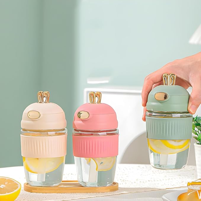 Rabbit Ear Glass Sipper Bottle with Straw | Cute Drinkware (Pink, Cream)